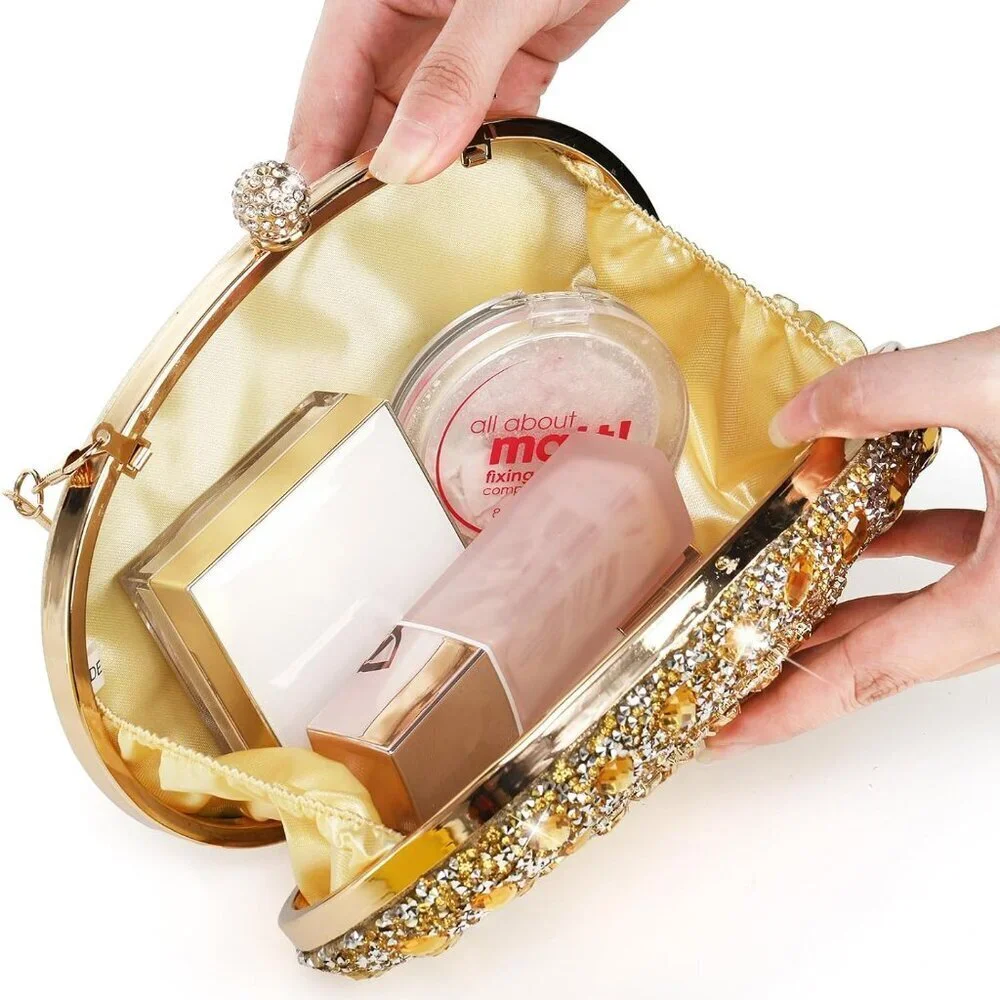 Rhinestone Evening Clutch Bag Gold Sparkling Glitter Wrist Prom Party
